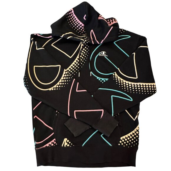 NWOT Champion Classic Fleece Hoodie – Black with Multicolor Graphic Print Size M - Picture 1 of 8